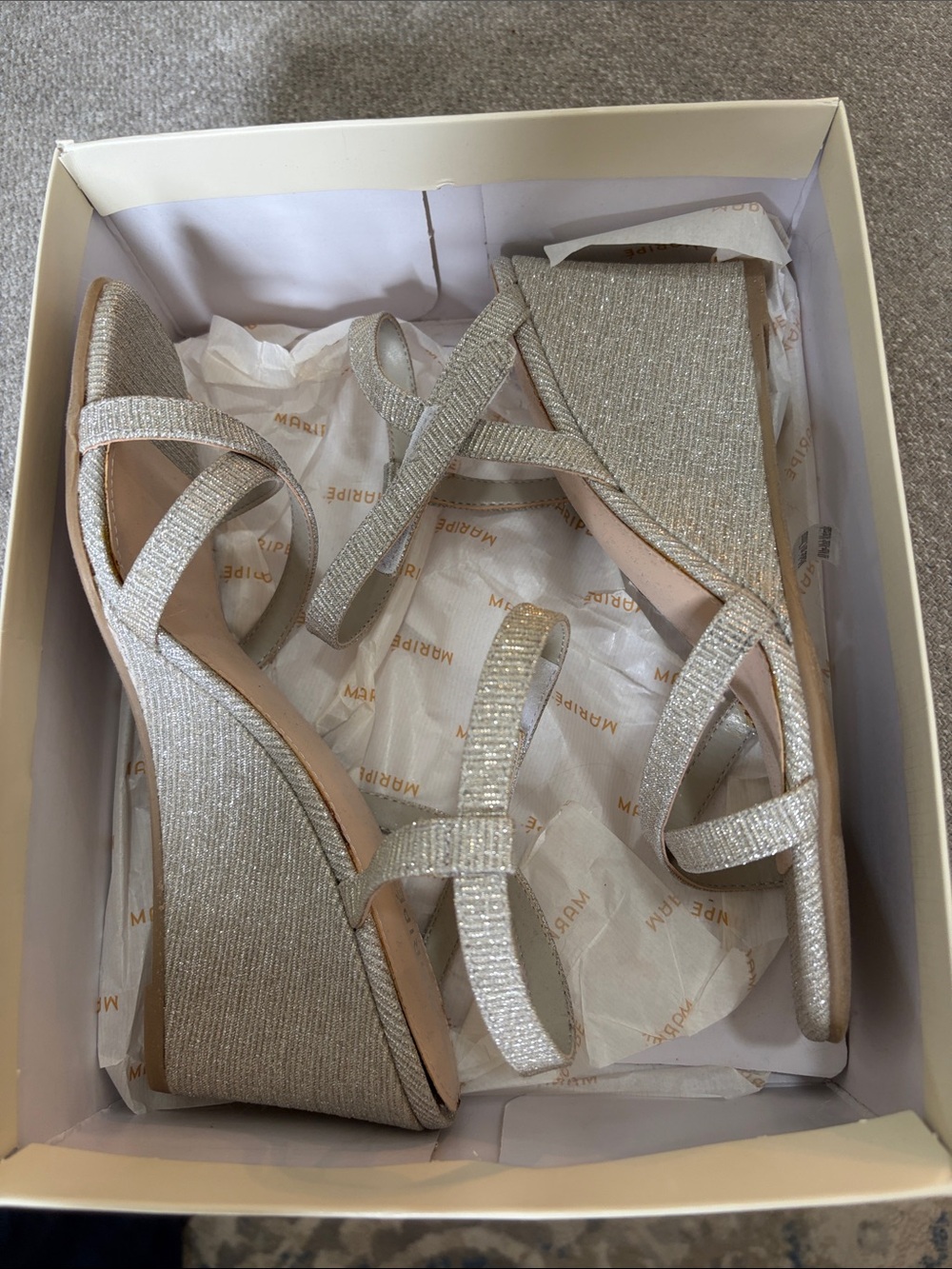 Maripe Silver Glitter Wedge Sandals with Crisscross Straps